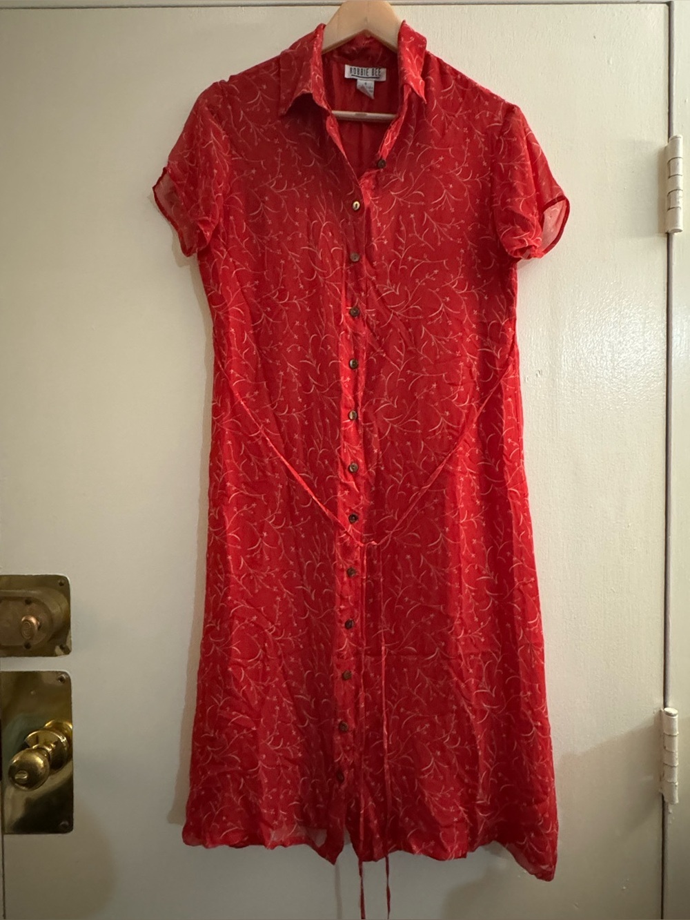 Y2K 2000s Robbie Bee red floral silk shirt dress size 6 with tie back